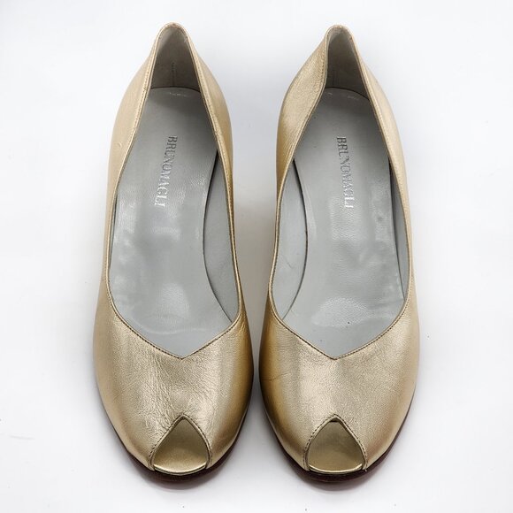 BRUNO MAGLI Carrera Peep Toe Gold Metallic Leather Wedge Pump Heels - Picture 2 of 5